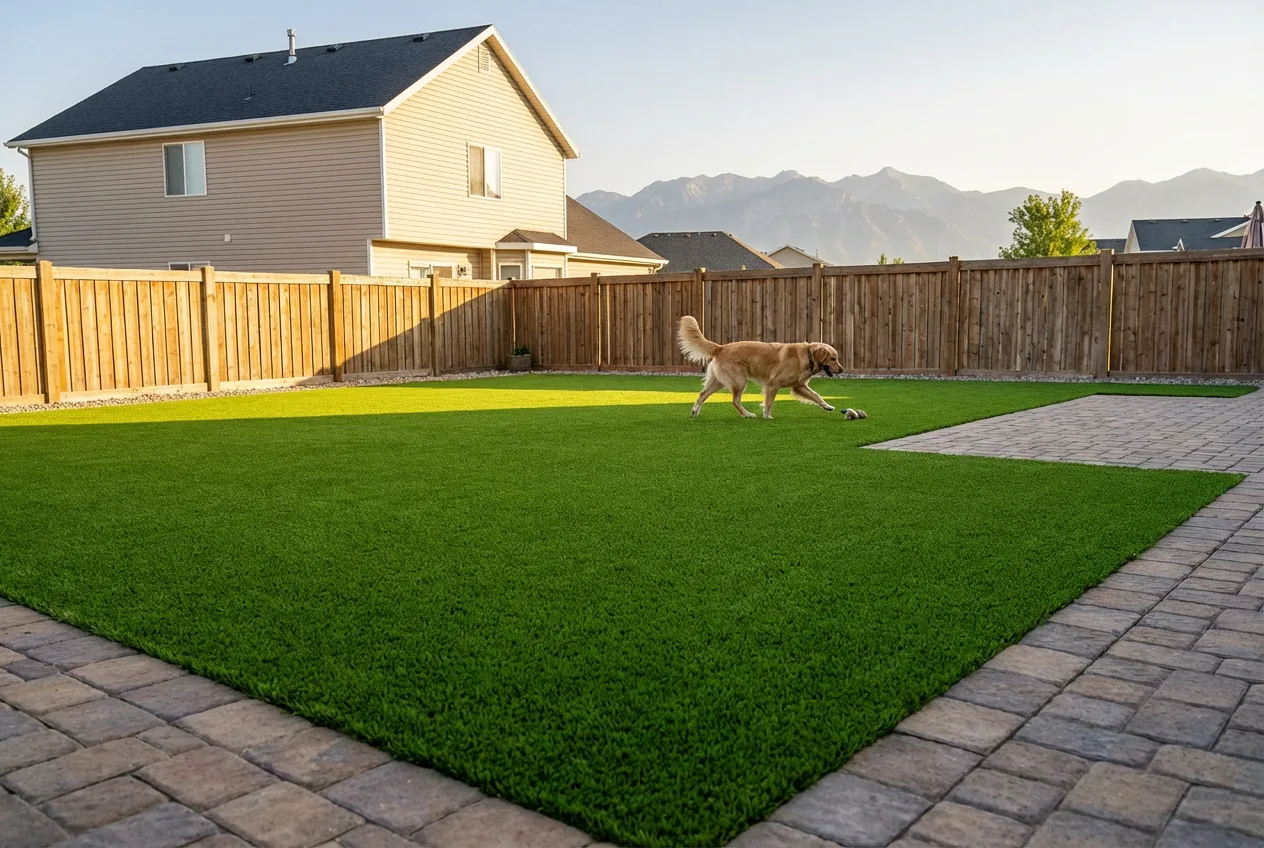 Vibrant green artificial turf lawn with paver borders and a dog playing in a fenced Utah backyard