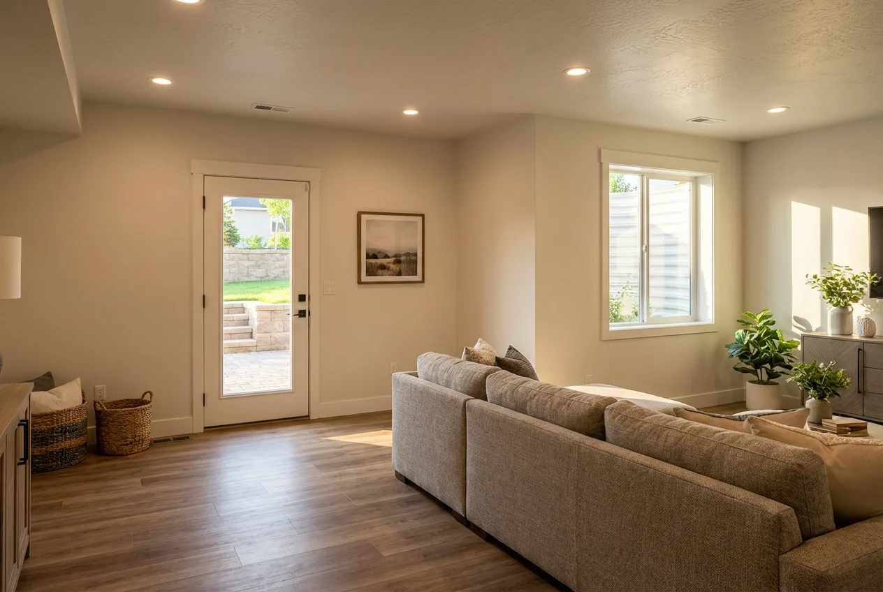 Finished basement living area with exterior entry door and large egress window flooding the space with natural light