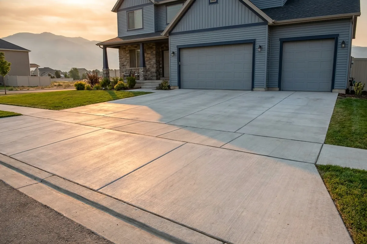 Freshly poured residential concrete driveway with broom finish and tooled control joints in front of a Wasatch Front home