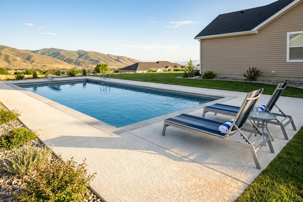 Stamped concrete pool deck with wood-plank pattern surrounding a Utah backyard pool