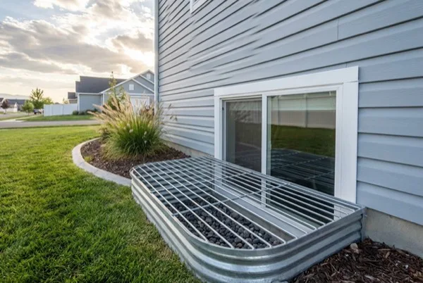 Exterior view of an upgraded egress window well with stone veneer liner and river rock