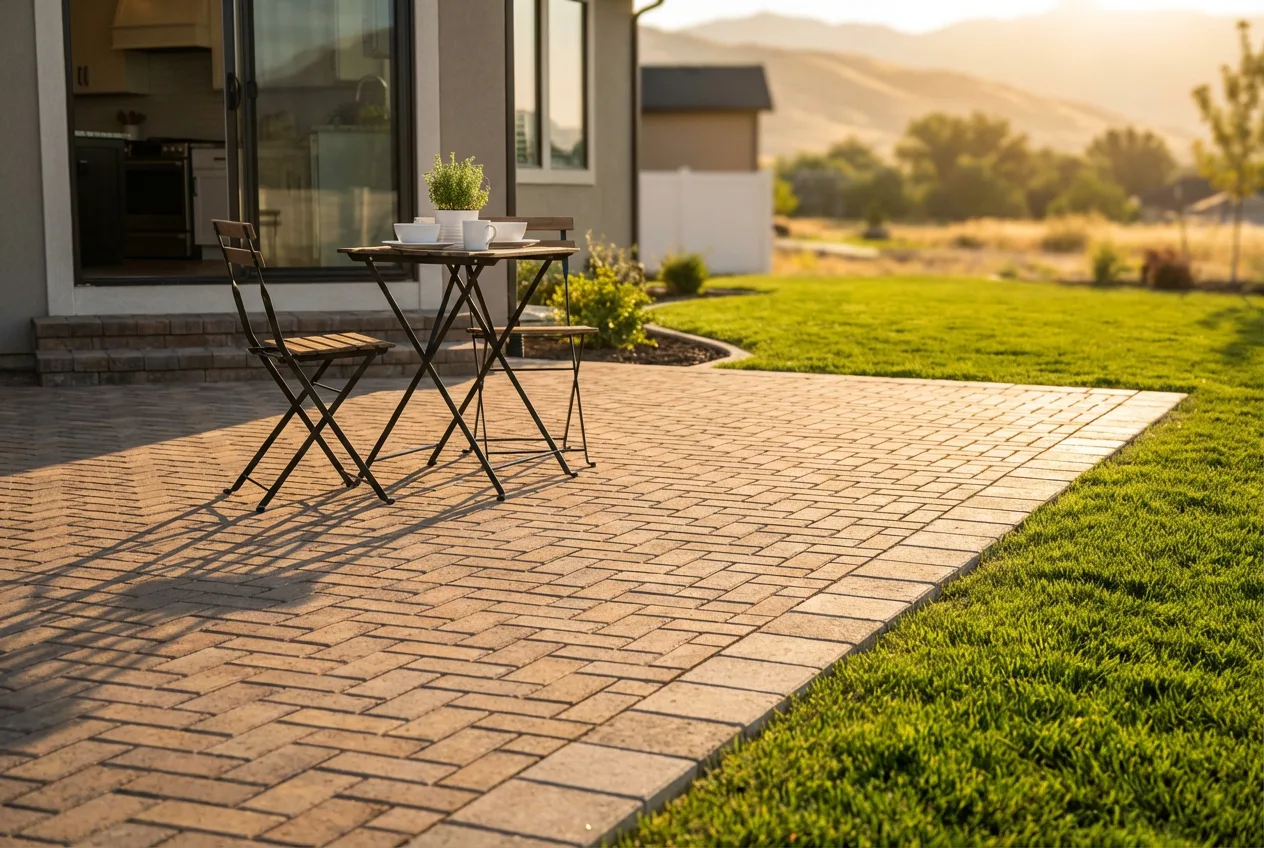 Interlocking paver patio with bistro dining set extending from a Utah home, Wasatch foothills in the background