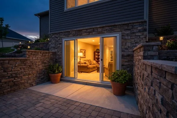 Close-up of a completed walkout basement entry showing sliding glass doors, concrete landing, and stone retaining walls