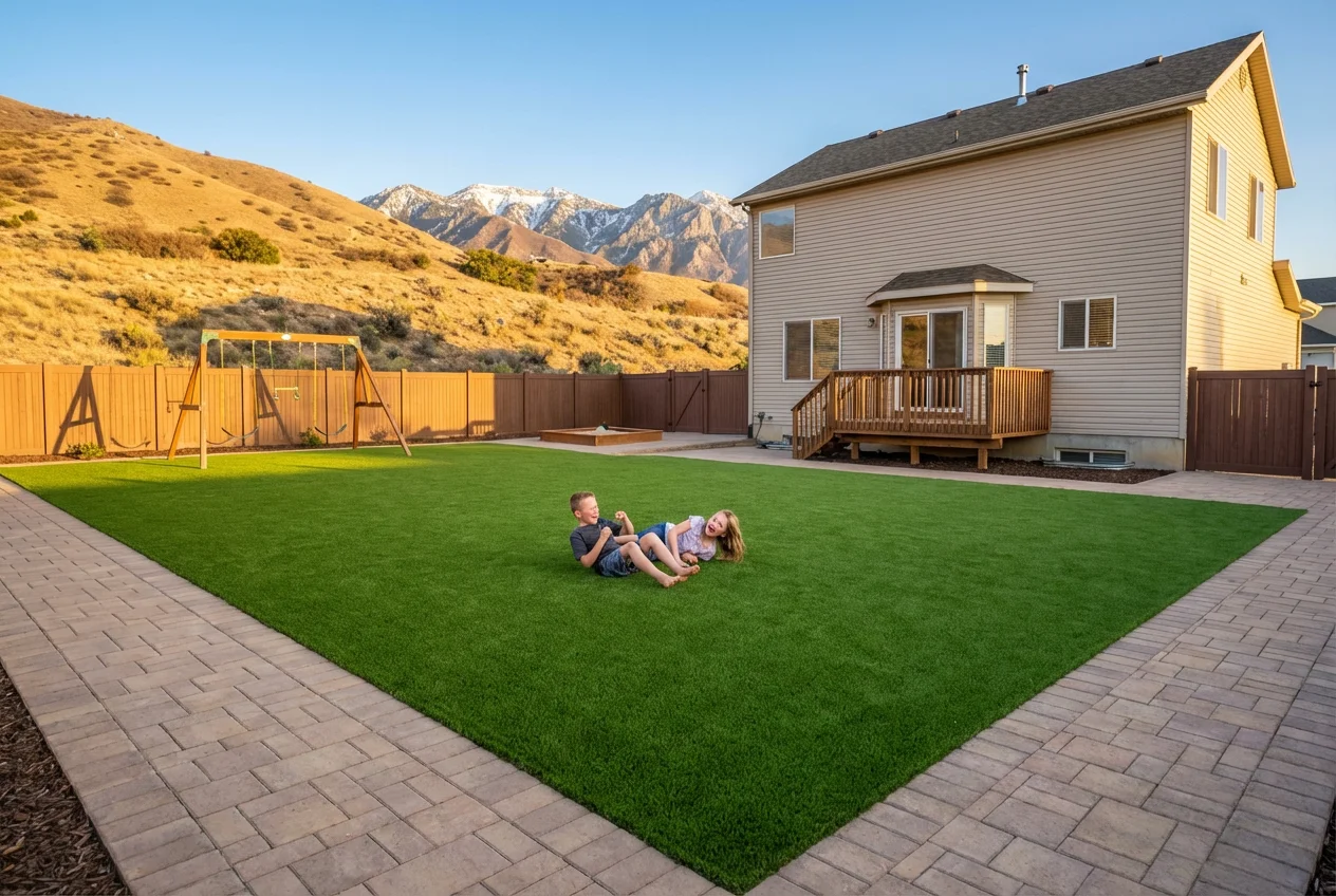 Family enjoying a lush artificial turf yard with paver borders, brown Utah foothills contrasting the year-round green