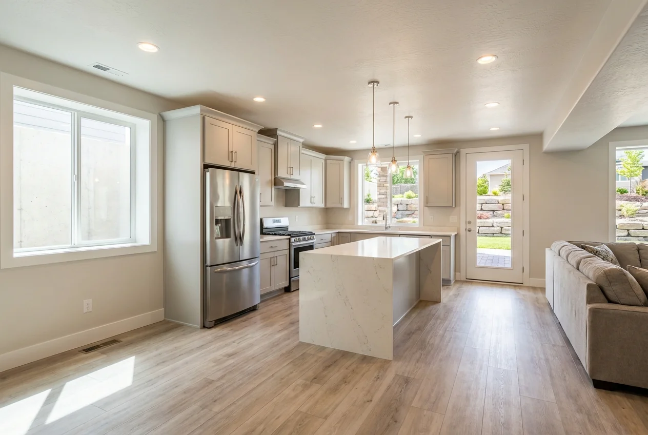 Spacious transformed basement kitchen with island, pendant lighting, and exterior door opening to a paver patio walkout