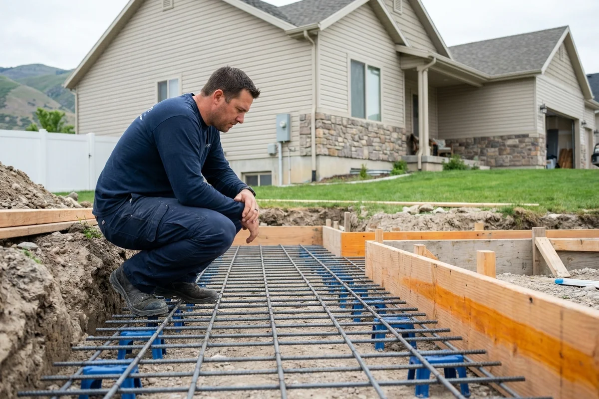 Excavated residential footing trench with engineered rebar grid tied on chairs and wood forms set, ready to pour, foreman in BaseScape gear reviewing the layout