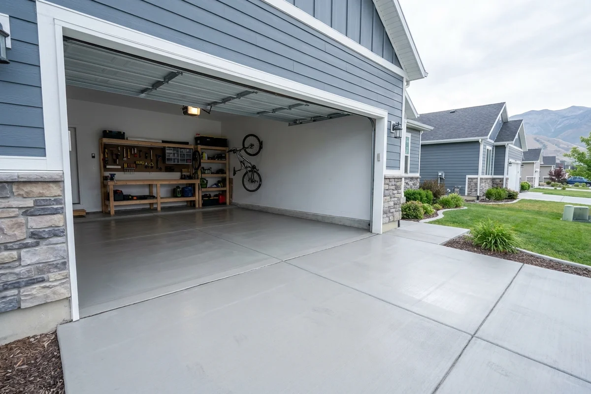 Two-car residential garage interior with a freshly poured smooth-trowel concrete slab, bright morning light through the open overhead door, no epoxy coating
