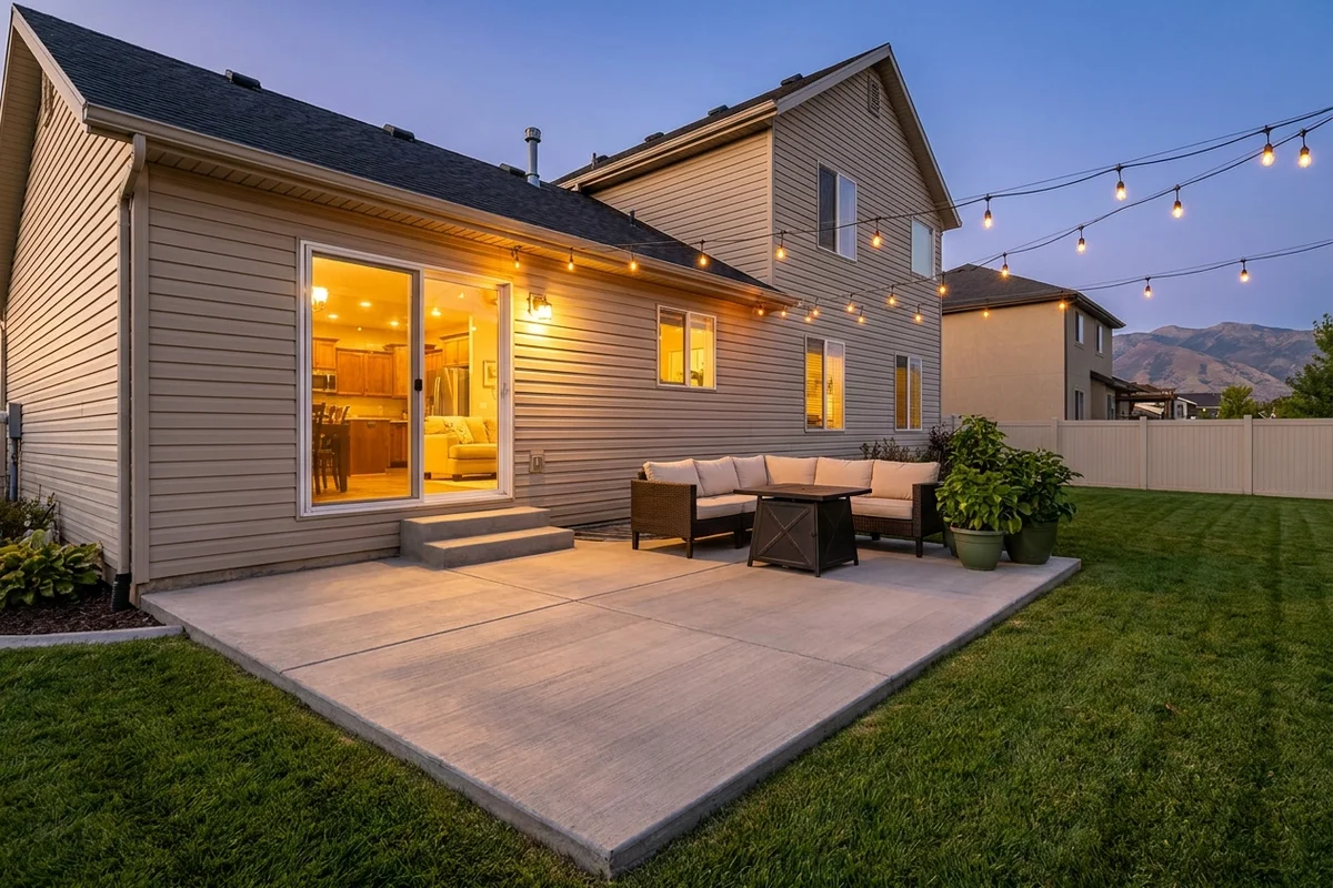 Backyard broom-finish concrete patio with outdoor furniture, string lights overhead, and warm interior light spilling out through sliding glass doors of a Wasatch Front home