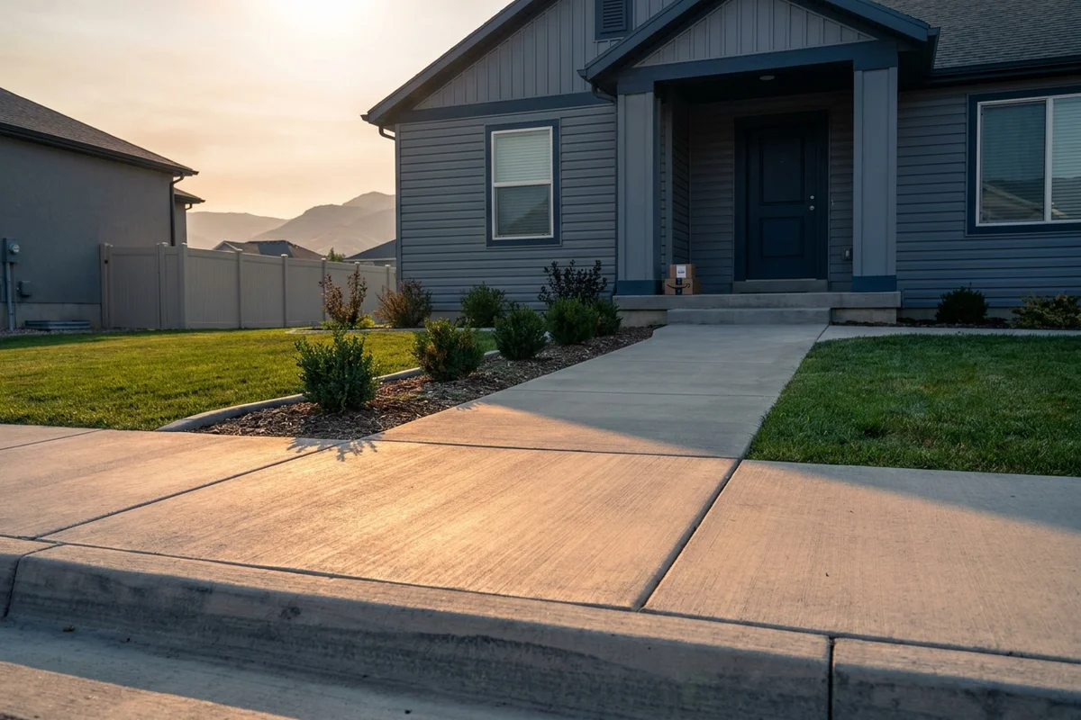 Fresh broom-finish concrete walkway leading from the public sidewalk up to the covered front entry of a vinyl-sided Wasatch Front home in late afternoon light