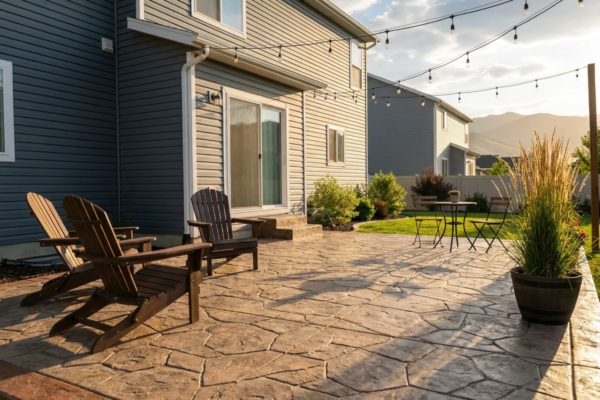 Stamped concrete patio with warm-stone running-bond pattern bordering a Wasatch Front home, outdoor furniture and string lights in late afternoon light