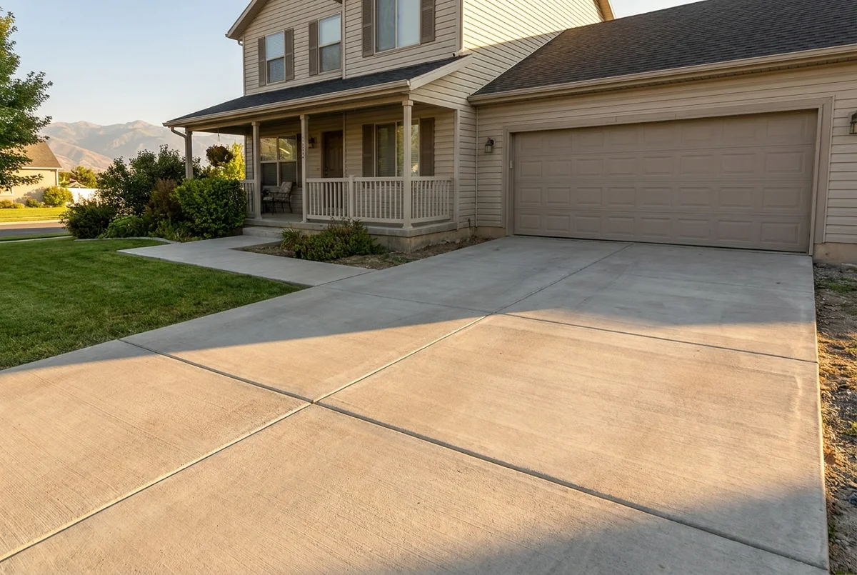 BaseScape work truck and crew at a residential concrete pour in a Wasatch Front neighborhood at golden hour