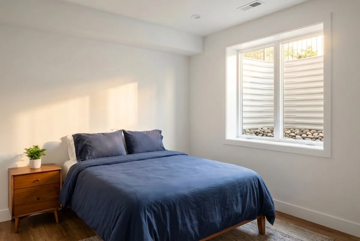 Bright basement bedroom with a large egress window flooding the room with natural light, decorative rock visible in the window well