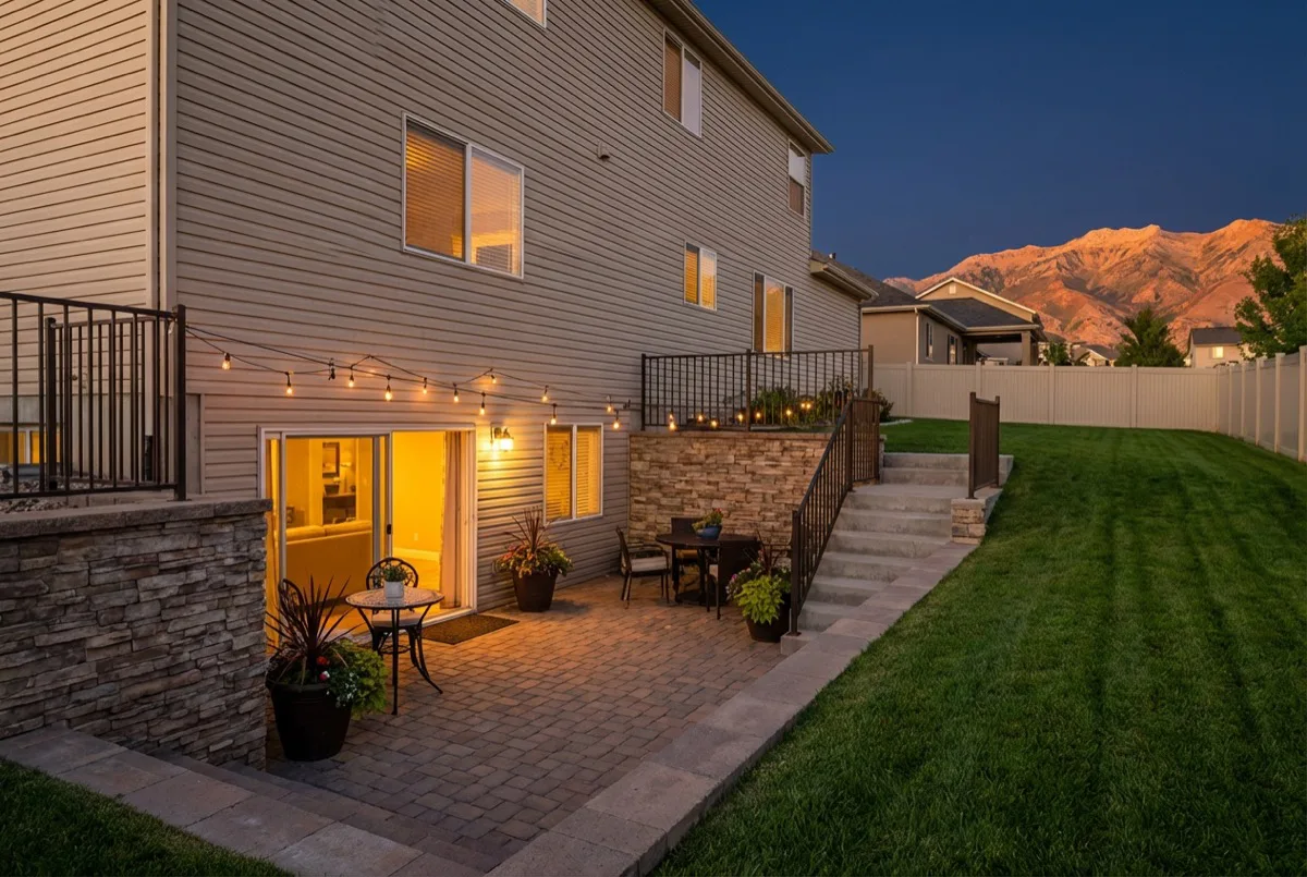 Completed walkout basement on a Utah home — sliding glass doors open to an inviting patio with stone retaining walls, green lawn above, and Wasatch mountains in the distance