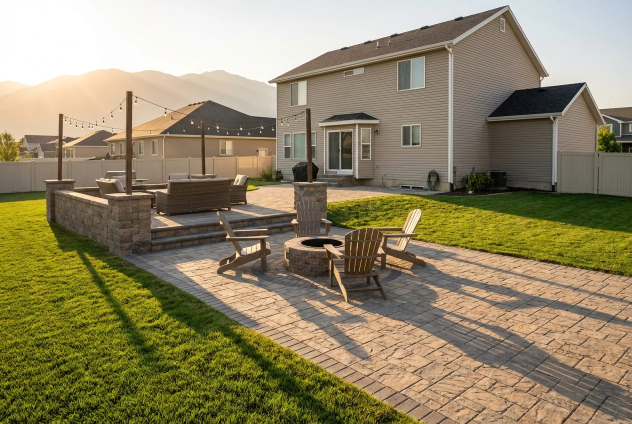 Complete hardscape installation featuring paver patio with fire pit, stone retaining wall, and outdoor furniture in a Utah backyard