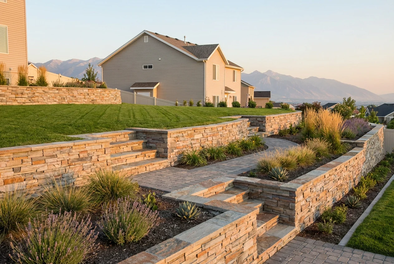 Multi-tiered engineered stone retaining wall system transforming a sloped Utah backyard into usable outdoor living space