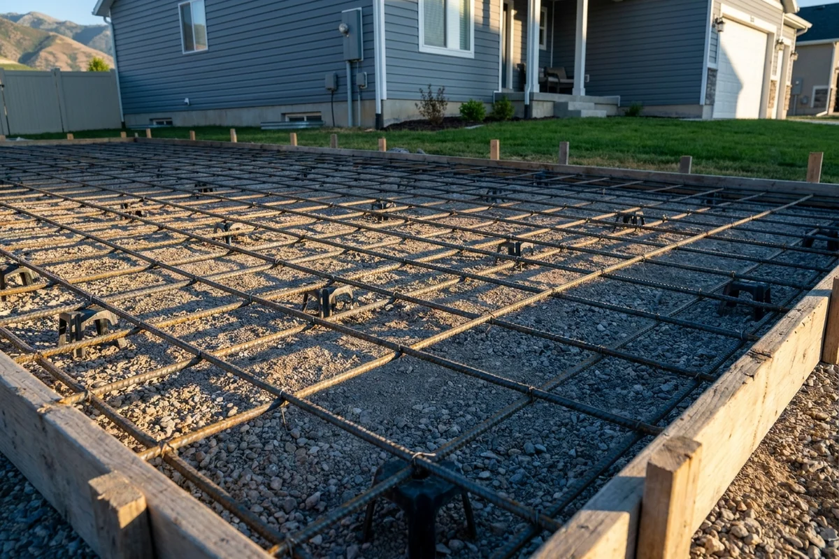 Engineered rebar grid tied on chairs above a compacted gravel base, wood forms in place, ready for a residential driveway pour