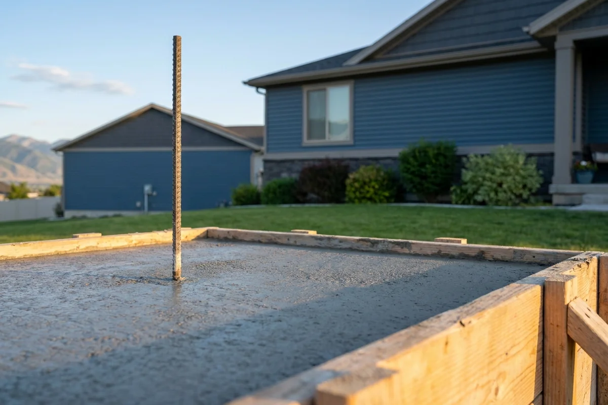Detail of a concrete pier pad with a rebar dowel protruding vertically from the center, wood form board still in place, ready to receive a post