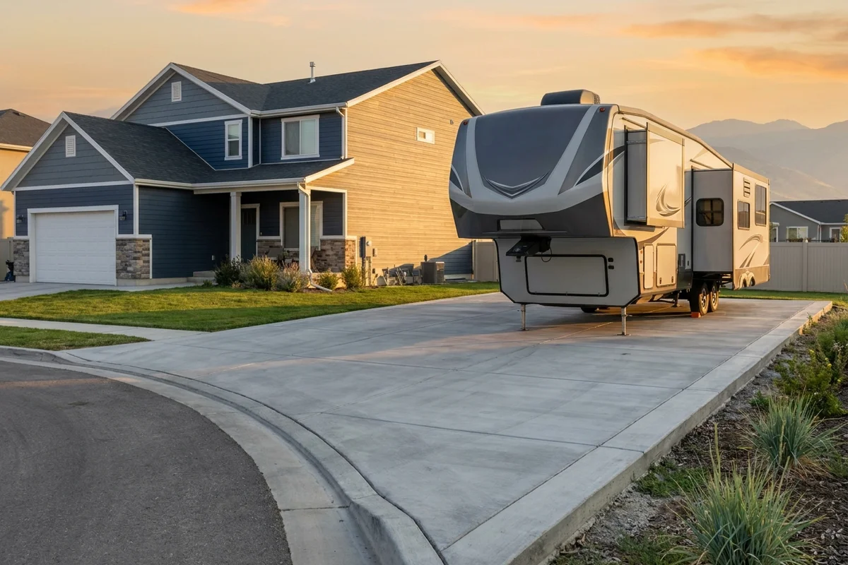 Exterior residential RV pad with a motorhome parked on a broom-finish concrete pad showing visible thickened-edge detail and engineered control joints