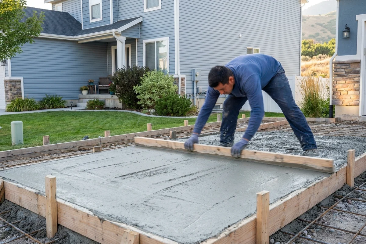 Crew member screeding wet concrete across wood forms during a residential patio pour, fresh light-gray concrete with bull-float marks