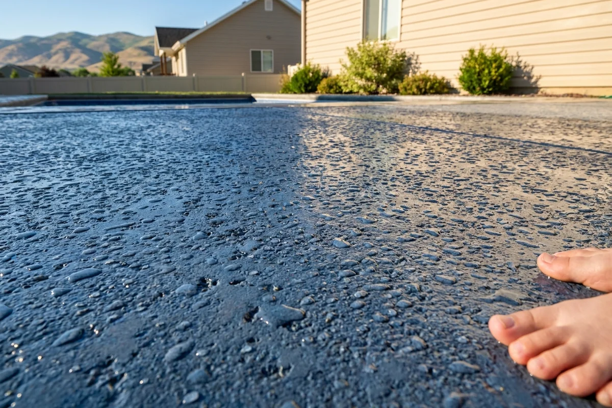 Detail close-up of a wet salt-finish pool deck surface with water droplets sitting on the textured concrete showing slip-resistance
