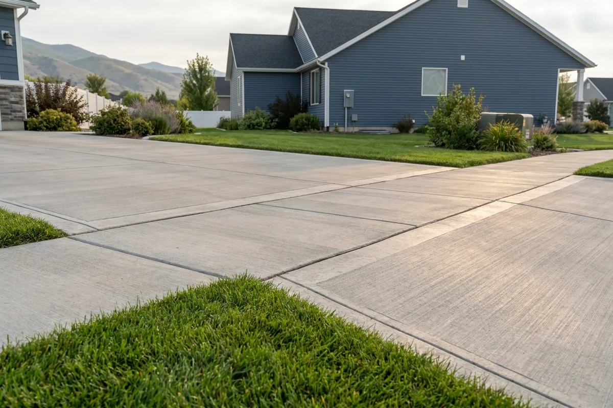 Detail of a residential walkway meeting a driveway approach with a clean control joint between the two broom-finish surfaces