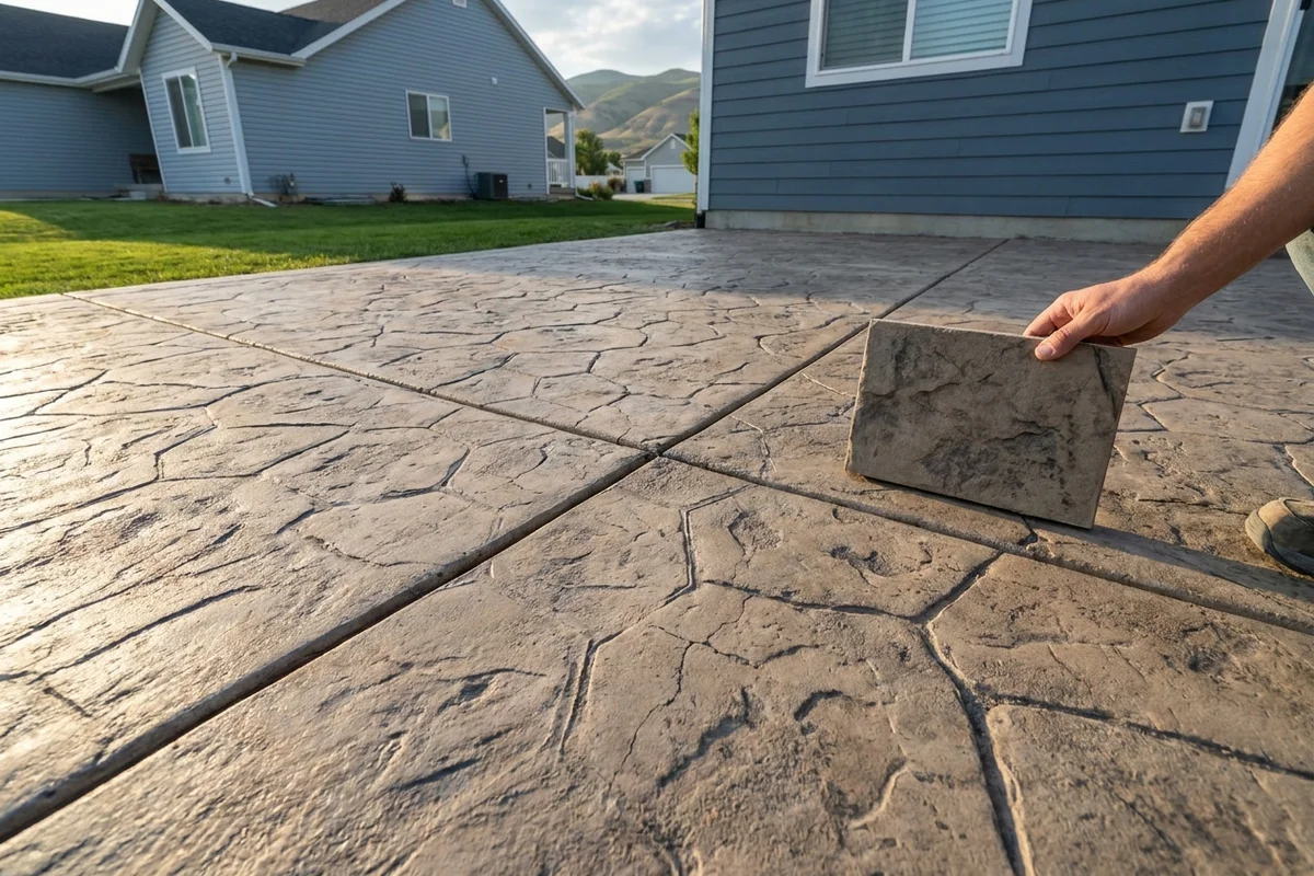 Detail close-up of a stamped concrete running-bond brick pattern showing visible seam lines, integral color, and secondary release-agent accent