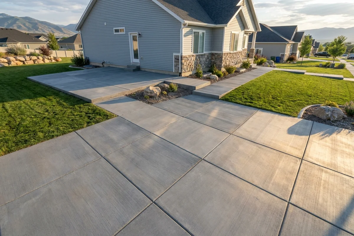 Overhead view of a multi-area residential concrete project showing driveway, walkway, and patio with consistent broom finish